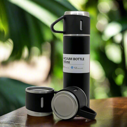 Stainless Steel Vacuum Flask Set – 500ml with 3 Cups, Travel Friendly (1 Set)